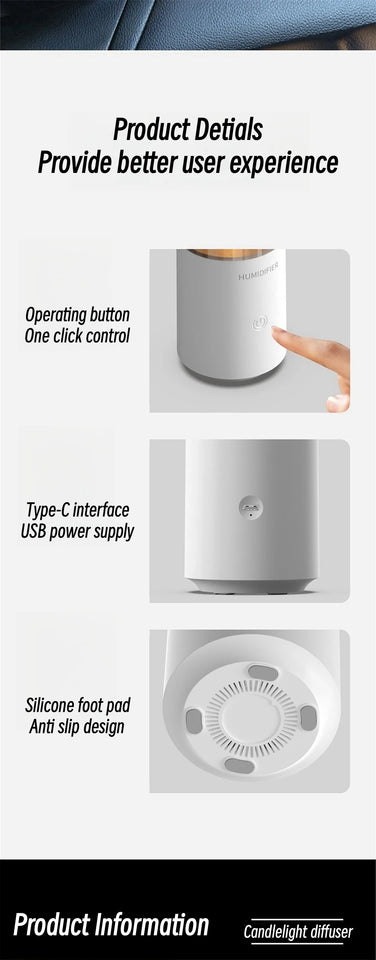 Mini Portable Car Aromatherapy Diffuser with LED Candlelight – USB Essential Oil Humidifier for Home, Office & Travel