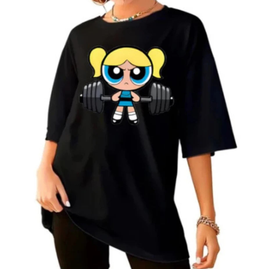 Girls Super Powerful Cartoon Training T-Shirt – Women’s Casual Streetwear Gym Fitness Top