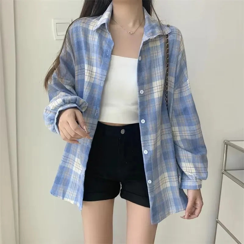 Women’s Plaid Shirt – Autumn Long Sleeve Vintage Loose Blouse, Casual Preppy Style Check Top