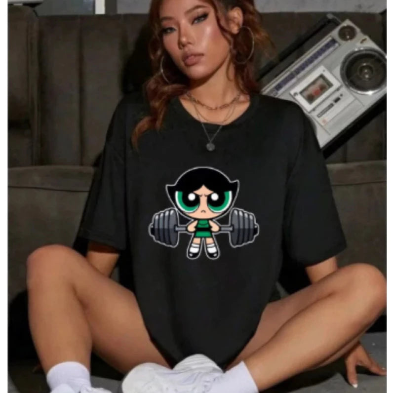 Girls Super Powerful Cartoon Training T-Shirt – Women’s Casual Streetwear Gym Fitness Top