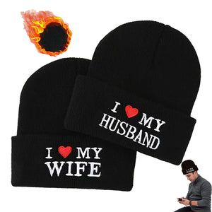 2PCS “I ❤️ My Wife / I ❤️ My Husband” Beanie Set – Couple Winter Hats