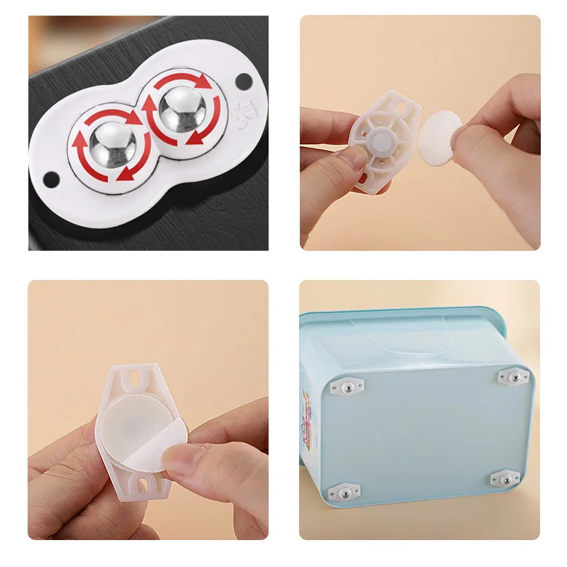 Self-Adhesive Universal Caster Wheels – 360° Swivel Mini Sticky Pulleys for Storage Boxes & Furniture (Set of 4)