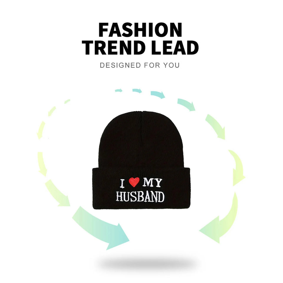 2PCS “I ❤️ My Wife / I ❤️ My Husband” Beanie Set – Couple Winter Hats
