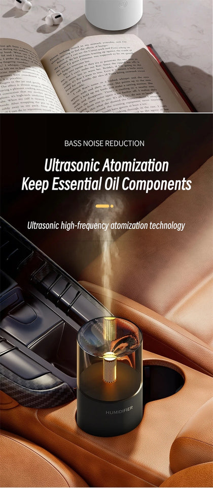 Mini Portable Car Aromatherapy Diffuser with LED Candlelight – USB Essential Oil Humidifier for Home, Office & Travel