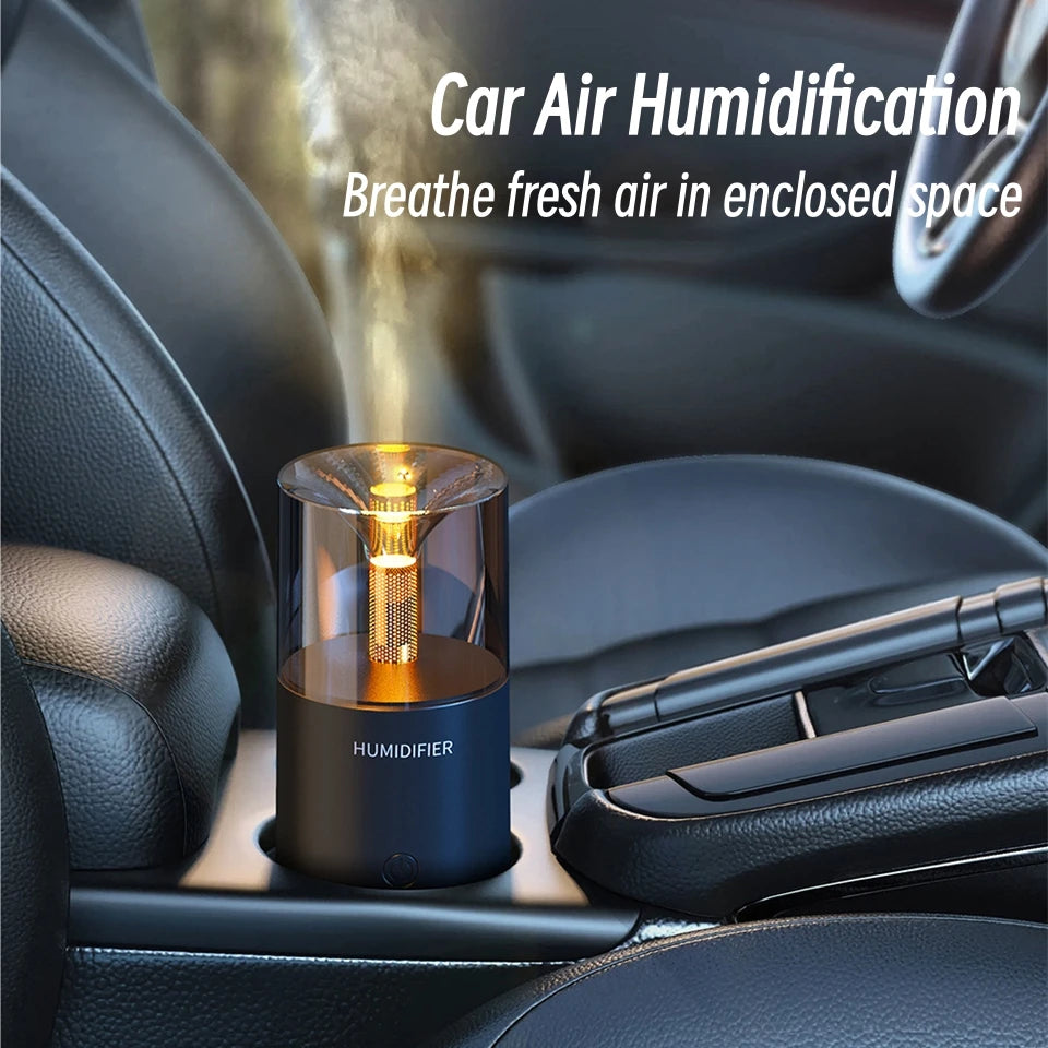 Mini Portable Car Aromatherapy Diffuser with LED Candlelight – USB Essential Oil Humidifier for Home, Office & Travel