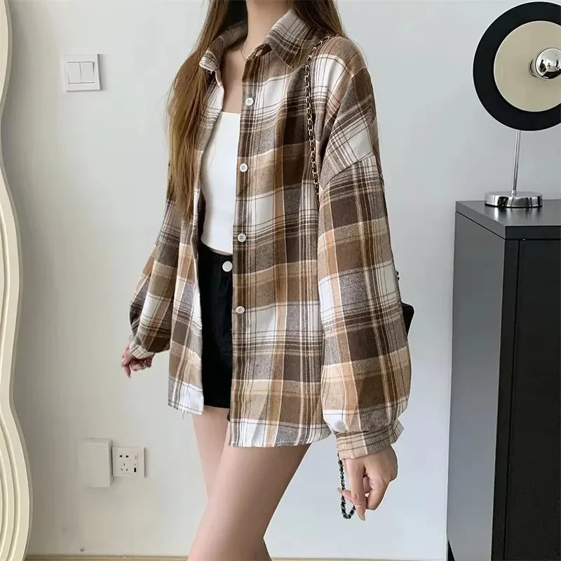 Women’s Plaid Shirt – Autumn Long Sleeve Vintage Loose Blouse, Casual Preppy Style Check Top