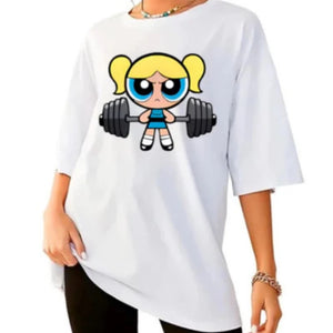 Girls Super Powerful Cartoon Training T-Shirt – Women’s Casual Streetwear Gym Fitness Top