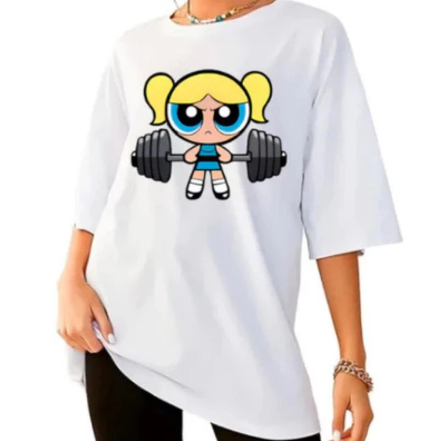 Girls Super Powerful Cartoon Training T-Shirt – Women’s Casual Streetwear Gym Fitness Top