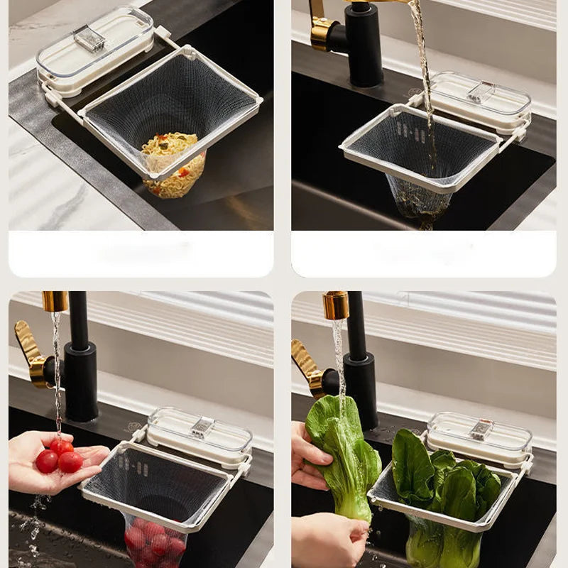 Kitchen Sink Filter Rack with 50PCS Net Bags – Foldable Corner Drain Basket & Food Strainer