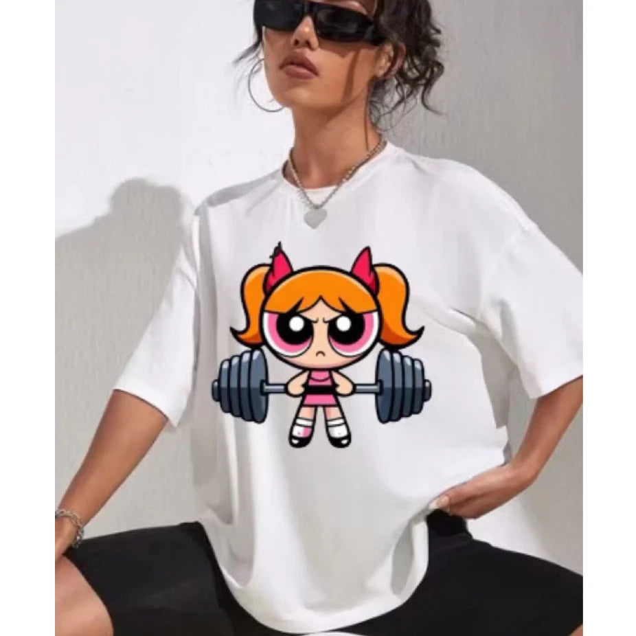 Girls Super Powerful Cartoon Training T-Shirt – Women’s Casual Streetwear Gym Fitness Top