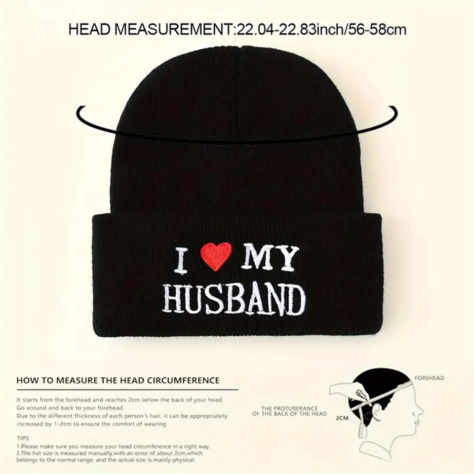 2PCS “I ❤️ My Wife / I ❤️ My Husband” Beanie Set – Couple Winter Hats
