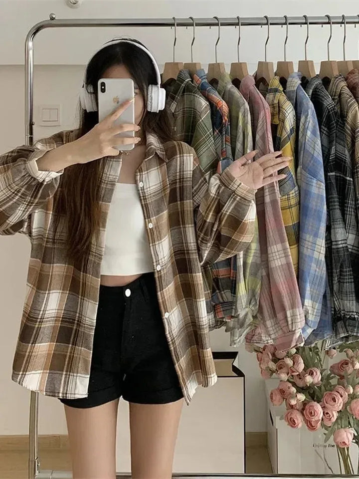 Women’s Plaid Shirt – Autumn Long Sleeve Vintage Loose Blouse, Casual Preppy Style Check Top